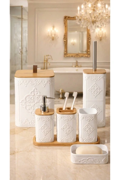 MAKRİ HOME Desenli 7 Parça Bambu Kapaklı ve Aksesuarlı Banyo Seti ürün görseli 1