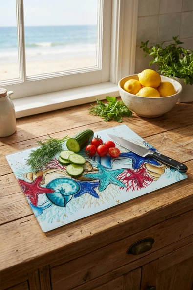 MAKRİ HOME Cam Kesme Tahtası Kırılmaz Temperli 25x35 cm Deniz Kabukları Desenli Kaymaz ürün görseli 1