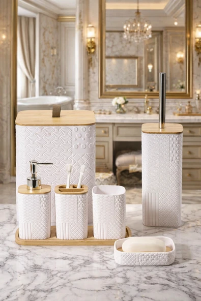 MAKRİ HOME Desenli 7 Parça Bambu Kapaklı ve Aksesuarlı Banyo Seti ürün görseli 1