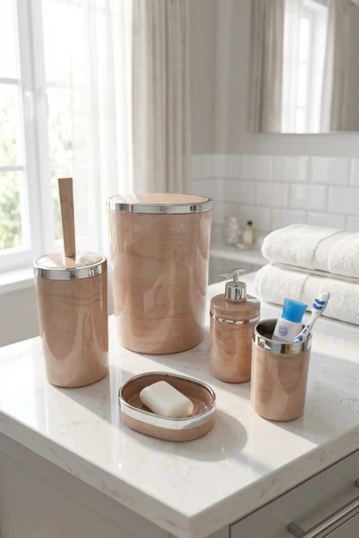 MAKRİ HOME Banyo Seti 5'li,yuvarlak,akrilik-çöpkovası, Wcfırçalık,sıvı Sabunluk,diş Fırçalık,el Sabunluk ürün görseli 1