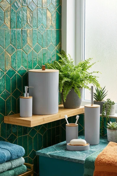MAKRİ HOME 5 Parça Yuvarlak Banyo Seti, Bambu Kapaklı, Gri, Hacim: 7 litre ürün görseli 1
