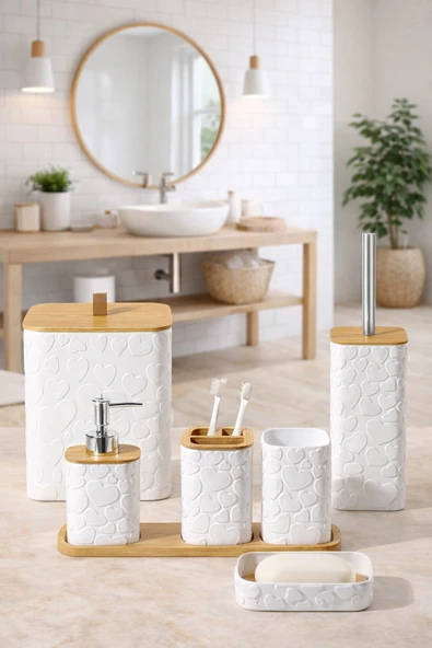 MAKRİ HOME Desenli 7 Parça Bambu Kapaklı ve Aksesuarlı Banyo Seti ürün görseli 1