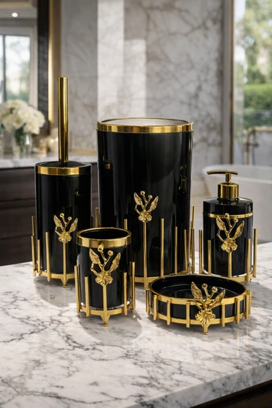 MAKRİ HOME Gold Kaplama Metal Stantlı 5 Parça Mermer Desenli ve Düz Renk Seçenekli Banyo Aksesuar Takımı ürün görseli 1