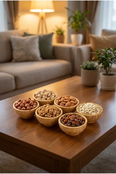 MAKRİ HOME Bambu 6'lı Çerezlik & Kuruyemiş Sunum Seti Oval – Doğal Ahşap Servis Kasesi ürün görseli 1