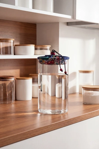MAKRİ HOME 1000 ml Borosilikat Cam Hava Geçirmez Lacivert Kumaş Kaplama Bambu Kapaklı Kavanoz,çap:8 cm, h:25 cm ürün görseli 1