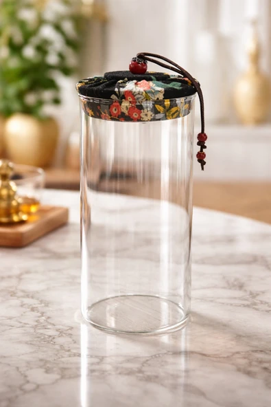 MAKRİ HOME 800 ml Borosilikat Cam Hava Geçirmez Siyah Kumaş Kaplama Bambu Kapaklı Kavanoz, çap: 8 cm, h: 21 cm ürün görseli 1