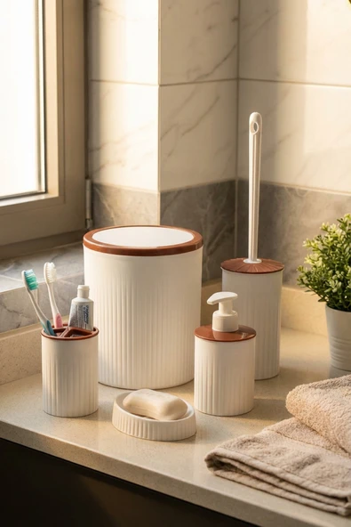 MAKRİ HOME 5 Parça Şık Beyaz Banyo Seti, Hacim: 6 litre ürün görseli 1