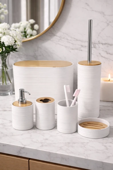 MAKRİ HOME 6 Parça Beyaz Banyo Seti, Bambu Detaylı, 8L Çöp Kovası 24x26x16 cm ürün görseli 1