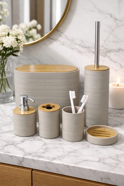 MAKRİ HOME 6 Parça Toprak Banyo Seti, Bambu Detaylı, 8L Çöp Kovası 24x26x16 cm ürün görseli 1
