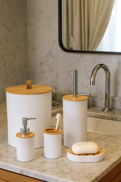 MAKRİ HOME 5 Parça Yuvarlak Banyo Seti, Bambu Kapaklı, Beyaz, Hacim: 7 litre ürün görseli 1
