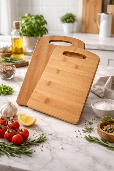 MAKRİ HOME İkili Bambu Kesim Panosu Seti, Küçük Boy: 28 × 20 cm, Büyük Boy: 33 × 24 cm ürün görseli 1