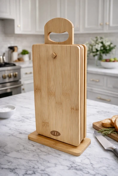MAKRİ HOME Stantlı 4’lü Ahşap Kesme Tahtası Seti, Sebze-Tavuk-Balık-Et Tahtaları, Tek tahta ölçü 22 × 14 × 1 cm ürün görseli 1