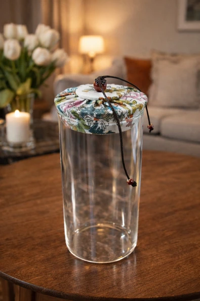 MAKRİ HOME 800 ml Borosilikat Cam Hava Geçirmez Beyaz Kumaş Kaplama Bambu Kapaklı Kavanoz, çap: 8 cm, h: 21 cm ürün görseli 1