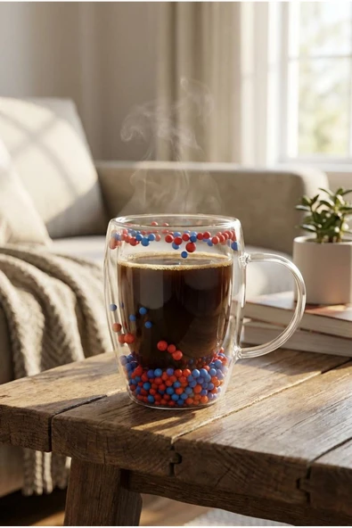 MAKRİ HOME Çift Cidarlı Bordo Mavi Cam Kupa 350 ML – Isıya Dayanıklı ürün görseli 1