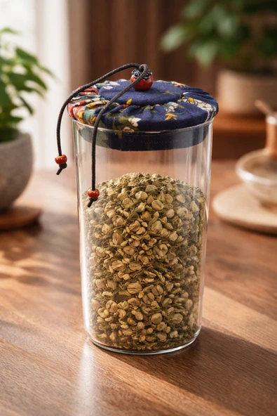 MAKRİ HOME 800 ml Borosilikat Cam Hava Geçirmez Lacivert Kumaş Kaplama Bambu Kapaklı Kavanoz, çap:8 cm, h:21 cm ürün görseli 1