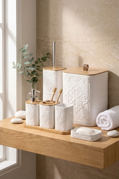 MAKRİ HOME 7 Parça Desenli Kare Bambu Kapaklı Beyaz Banyo Seti, Hacim: 8 litre ürün görseli 1