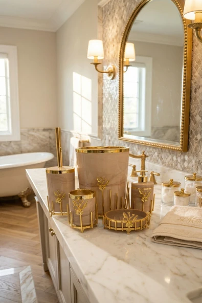MAKRİ HOME Gold Kaplama Metal Stantlı 5 Parça Mermer Desenli ve Düz Renk Seçenekli Banyo Aksesuar Takımı ürün görseli 1