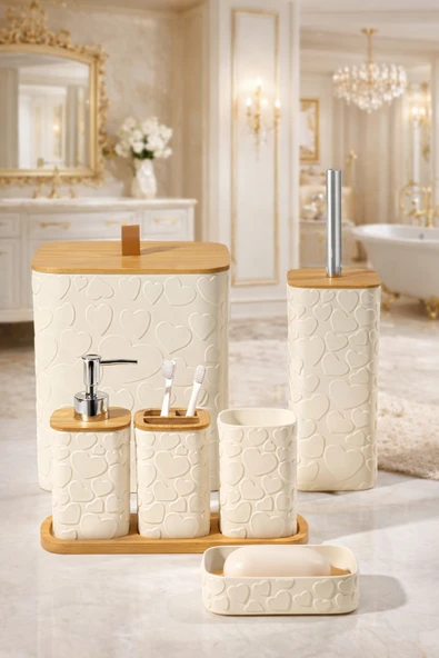 MAKRİ HOME Desenli 7 Parça Bambu Kapaklı ve Aksesuarlı Banyo Seti ürün görseli 1