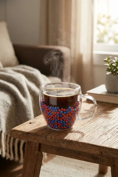 MAKRİ HOME Çift Cidarlı Bordo Mavi Cam Kupa 250 ML – Isıya Dayanıklı ürün görseli 1