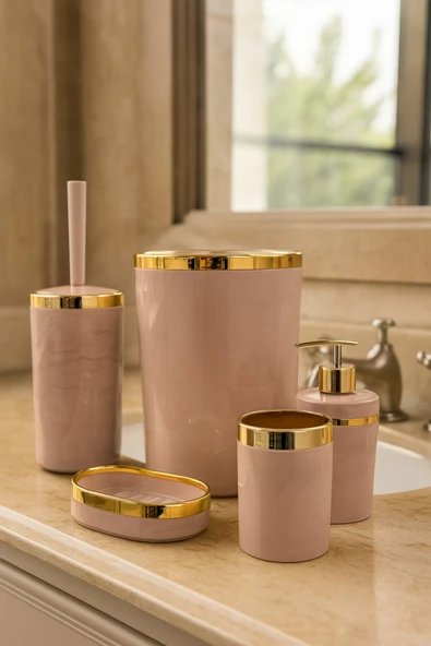 MAKRİ HOME Banyo Seti 5'li,Akrilik-ÇöpKovası,WC Fırçalık,Sıvı Sabunluk,Diş Fırçalık,El Sabunluk,Gold Renk Detay ürün görseli 1