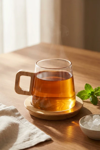 MAKRİ HOME Bambu Kulplu ve Altlıklı Cam Kupa 300 ML ürün görseli 1