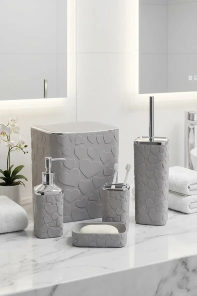 MAKRİ HOME 5 Parça Banyo Seti, Kalp Desenli, Gri Silver, Kare, Click Kapaklı, Hacim: 8 litre ürün görseli 1