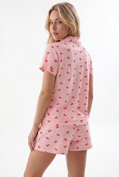 Somon Bow Önden Düğmeli Şortlu Pijama Takımı - Resim 4