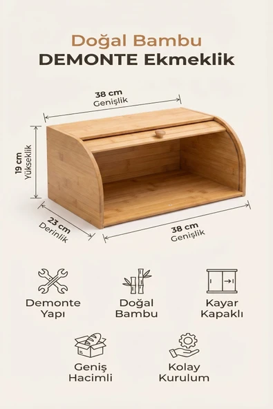 MAKRİ HOME Doğal Bambu DEMONTE Ekmeklik, Ekmek Kutusu, Kayar Kapaklı, Geniş Hacimli, 38 x 23 x 19 cm ürün görseli 1