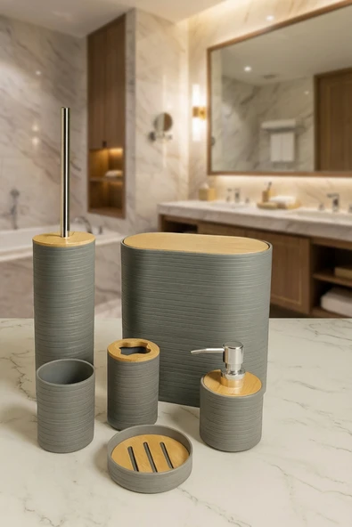 MAKRİ HOME 6 Parça Bambu Kapaklı Banyo Seti, Gri, Oval, Hacim: 8 litre ürün görseli 1