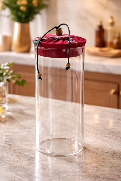 MAKRİ HOME 1000 ml Borosilikat Cam Hava Geçirmez Kırmızı Kumaş Kaplama Bambu Kapaklı Kavanoz,çap:8 cm, h:25 cm ürün görseli 1