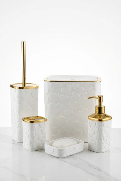 MAKRİ HOME 5 Parça Banyo Seti, Kalp Desenli, Beyaz Gold, Kare, Click Kapaklı, Hacim: 8 litre ürün görseli 1
