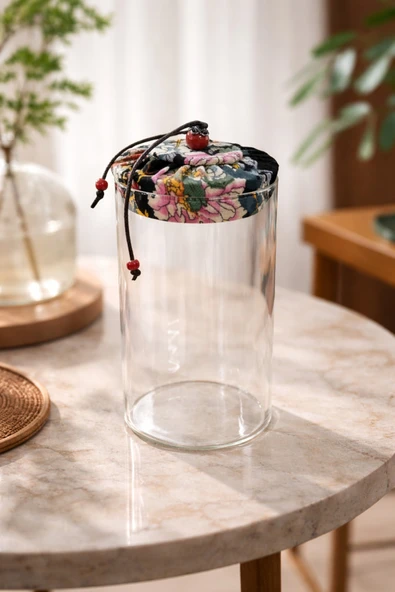 MAKRİ HOME 650 ml Borosilikat Cam Hava Geçirmez Siyah Kumaş Kaplama Bambu Kapaklı Kavanoz, çap: 8 cm, h: 18 cm ürün görseli 1
