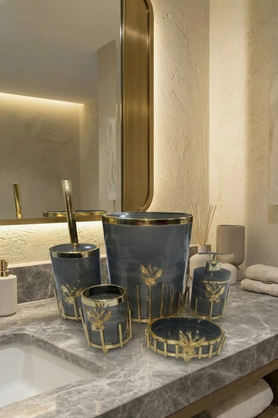 MAKRİ HOME Gold Kaplama Metal Stantlı 5 Parça Mermer Desenli ve Düz Renk Seçenekli Banyo Aksesuar Takımı ürün görseli 1