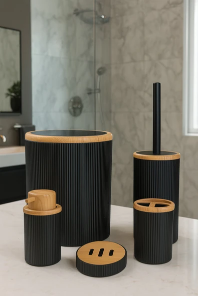 MAKRİ HOME 5 Parça Banyo Seti, Bambu Desen Siyah, Çöp Kovası, Fırçalık, Sıvı Sabunluk, Diş Fırçalık, Sabunluk ürün görseli 1