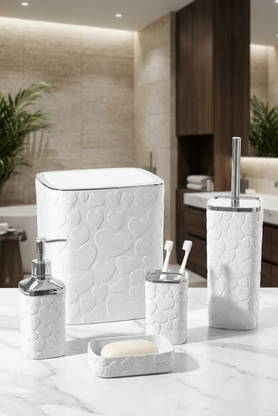 MAKRİ HOME 5 Parça Banyo Seti, Kalp Desenli, Beyaz Silver, Kare, Click Kapaklı, Hacim: 8 litre ürün görseli 1