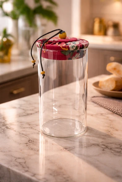 MAKRİ HOME 650 ml Borosilikat Cam Hava Geçirmez Kırmızı Kumaş Kaplama Bambu Kapaklı Kavanoz,çap: 8 cm, h: 18 cm ürün görseli 1