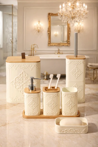 MAKRİ HOME Desenli 7 Parça Bambu Kapaklı ve Aksesuarlı Banyo Seti ürün görseli 1