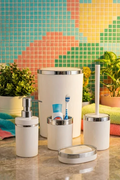 MAKRİ HOME 5 Parça Akrilik Banyo Seti, Şık ve Kaliteli Akrilik, Gümüş Renk Detaylı, Beyaz ürün görseli 1