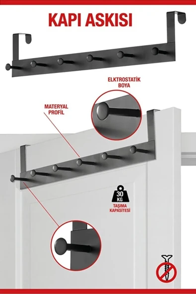 MAKRİ HOME Pratik 6'lı Metal Kapı Arkası Askısı - 30 Kg Taşıma Kapasiteli Siyah, 46.5 Cm ürün görseli 1