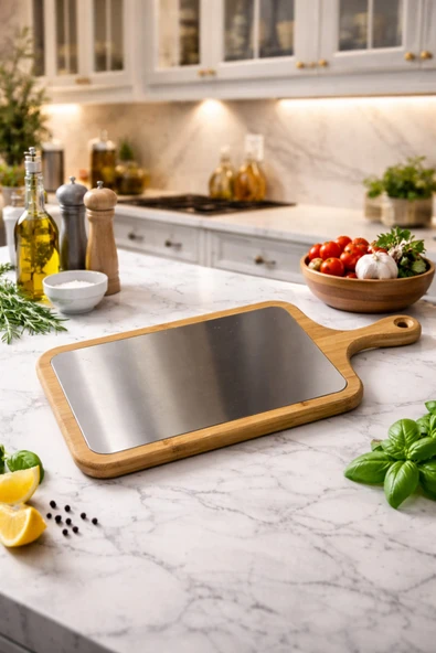MAKRİ HOME Metal Yüzeyli Bambu Kesme Tahtası – Çift Taraflı Paslanmaz ve Doğal Ahşap Sunum ve Doğrama Tahtası ürün görseli 1