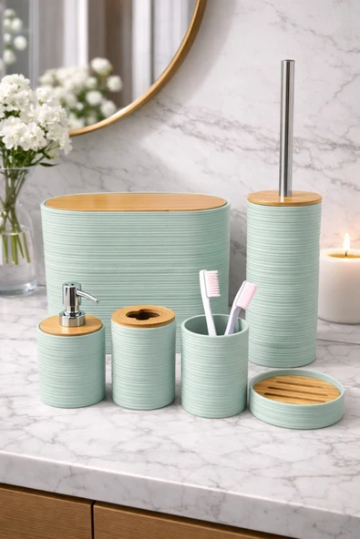 MAKRİ HOME 6 Parça Su Yeşili Banyo Seti, Bambu Detaylı, 8L Çöp Kovası 24x26x16 cm ürün görseli 1