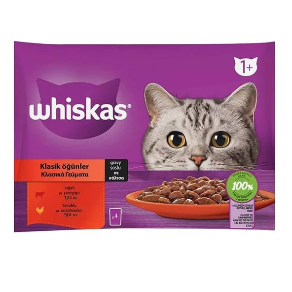 Whiskas Pouch Sos İçinde Sığırlı ve Tavuklu Yetişkin Kedi Konservesi 85gr (4'lü) ürün görseli 1