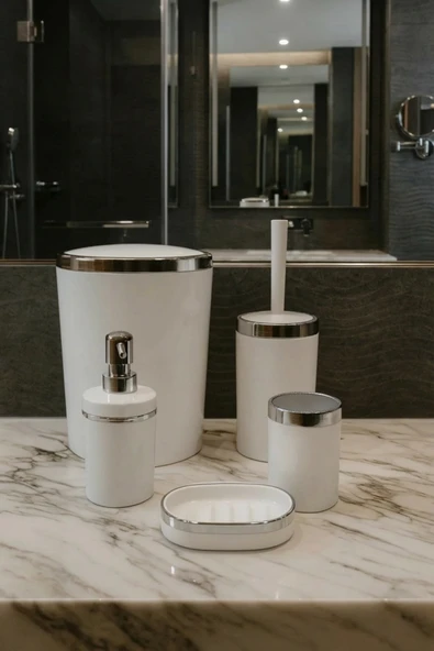 MAKRİ HOME Banyo Seti 5'li,akrilik-çöpkovası,wc Fırçalık,sıvı Sabunluk,diş Fırçalık,el Sabunluk ürün görseli 1