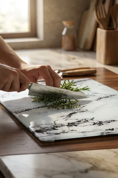 MAKRİ HOME Cam Kesme Tahtası Kırılmaz Temperli 25x35 cm Beyaz Mermer Desenli Kaymaz ürün görseli 1