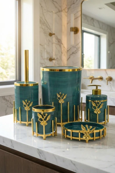 MAKRİ HOME Gold Kaplama Metal Stantlı 5 Parça Mermer Desenli ve Düz Renk Seçenekli Banyo Aksesuar Takımı ürün görseli 1