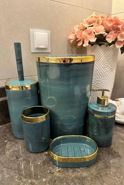 MAKRİ HOME Banyo Seti 5'li,Akrilik-ÇöpKovası,WC Fırçalık,Sıvı Sabunluk,Diş Fırçalık,El Sabunluk,Gold Renk Detay ürün görseli 1