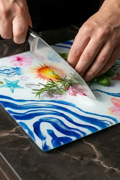 MAKRİ HOME Cam Kesme Tahtası Kırılmaz Temperli 25x35 cm Akdeniz Desenli Cam Kaymaz ürün görseli 1