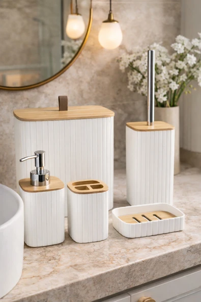 MAKRİ HOME Bambu Kapaklı Çizgili Dikdörtgen 5 Parça Banyo Seti, Beyaz, 21 x 19 x 24 cm. ürün görseli 1