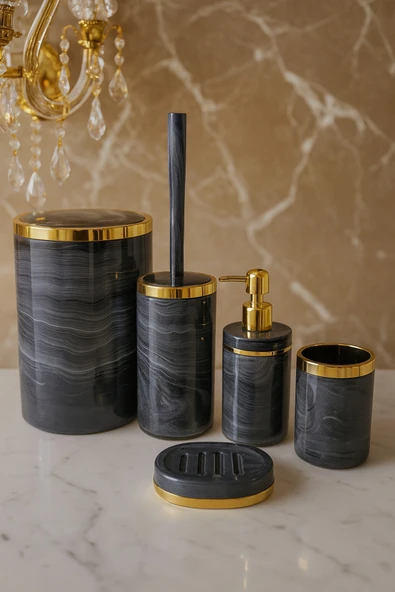 MAKRİ HOME Banyo Seti 5'li,akrilik-çöpkovası,wc Fırçalık,sıvı Sabunluk,diş Fırçalık,el Sabunluk,gold Renk Detay ürün görseli 1