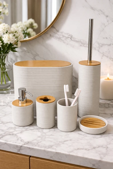 MAKRİ HOME 6 Parça Krem Banyo Seti, Bambu Detaylı, 8L Çöp Kovası 24x26x16 cm ürün görseli 1